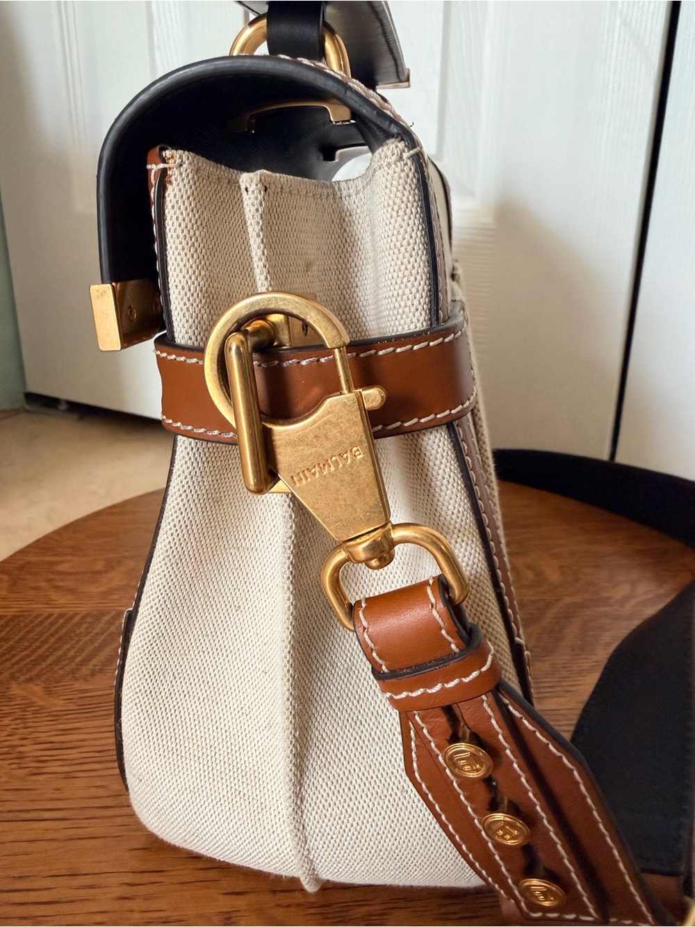 Balmain B-Buzz Cream Canvas and Tan Leather Logo Satchel - Picture 4 of 15